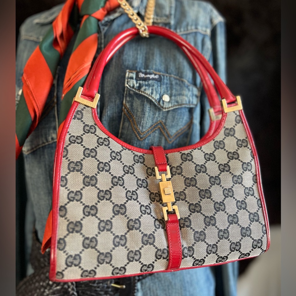 GUCCI Vintage Authentic Jackie O Small Red leather with GG Monogram Bardot Rare